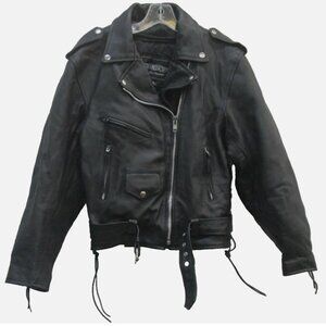 Vintage UNIK Womens 12 Large Black Leather Cropped Belted Moto Motorcycle Jacket